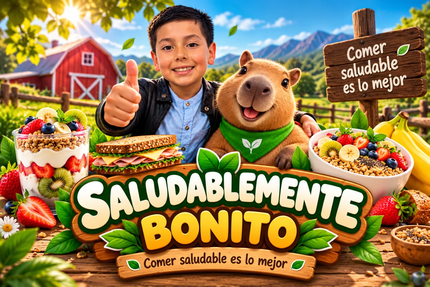 El fundador de Saludablemente Bonito junto al capibara, rodeados de parfaits, bowls y sándwiches